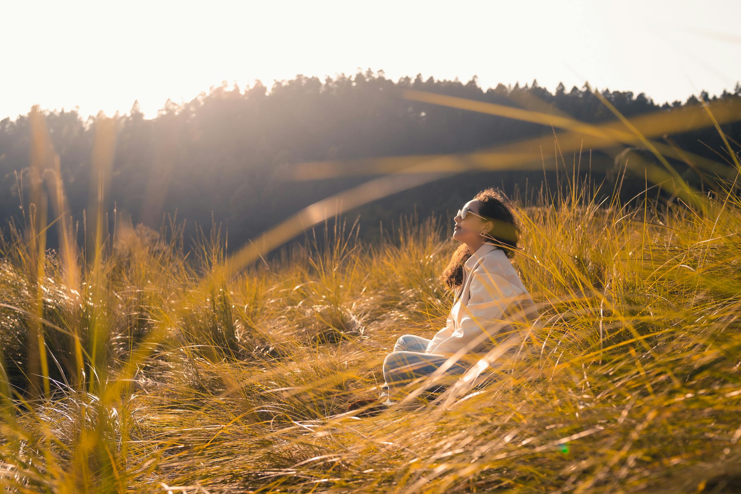Sunny day in a meadow with tall grass, featuring a woman relaxing and enjoying nature's tranquility.